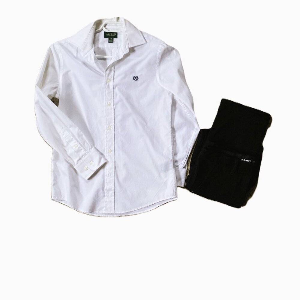 Ralph Lauren Boys’ White Dress Shirt Sz14, Black Trousers Old Navy Excellent con